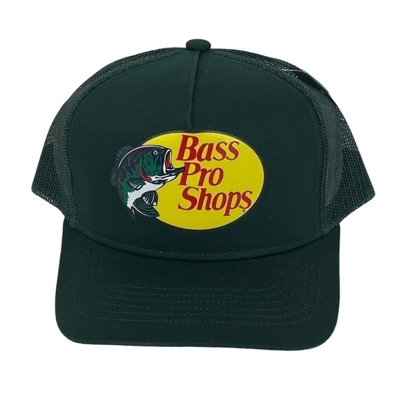 Bass Pro Shops Dark Green Printed Logo Trucker Mesh Hat Snapback Closure NEW - Picture 1 of 10